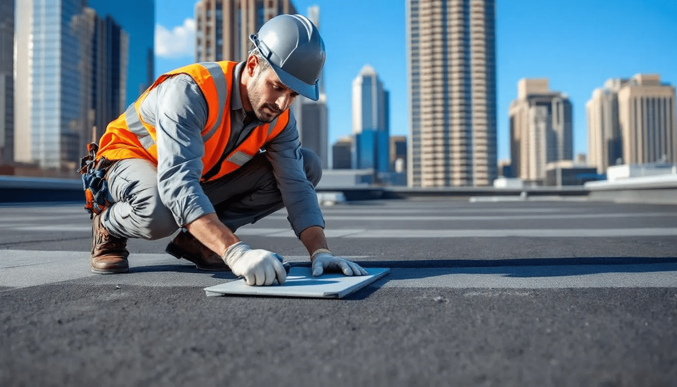 A maintenance worker is conducting a routine inspection on a modified bitumen commercial roof, ensuring the integrity of the roofing membrane and checking for any early warning signs of wear. This proactive maintenance helps maintain the durability and waterproofing capabilities of the modified bitumen roofing system on the flat roof of a commercial building.