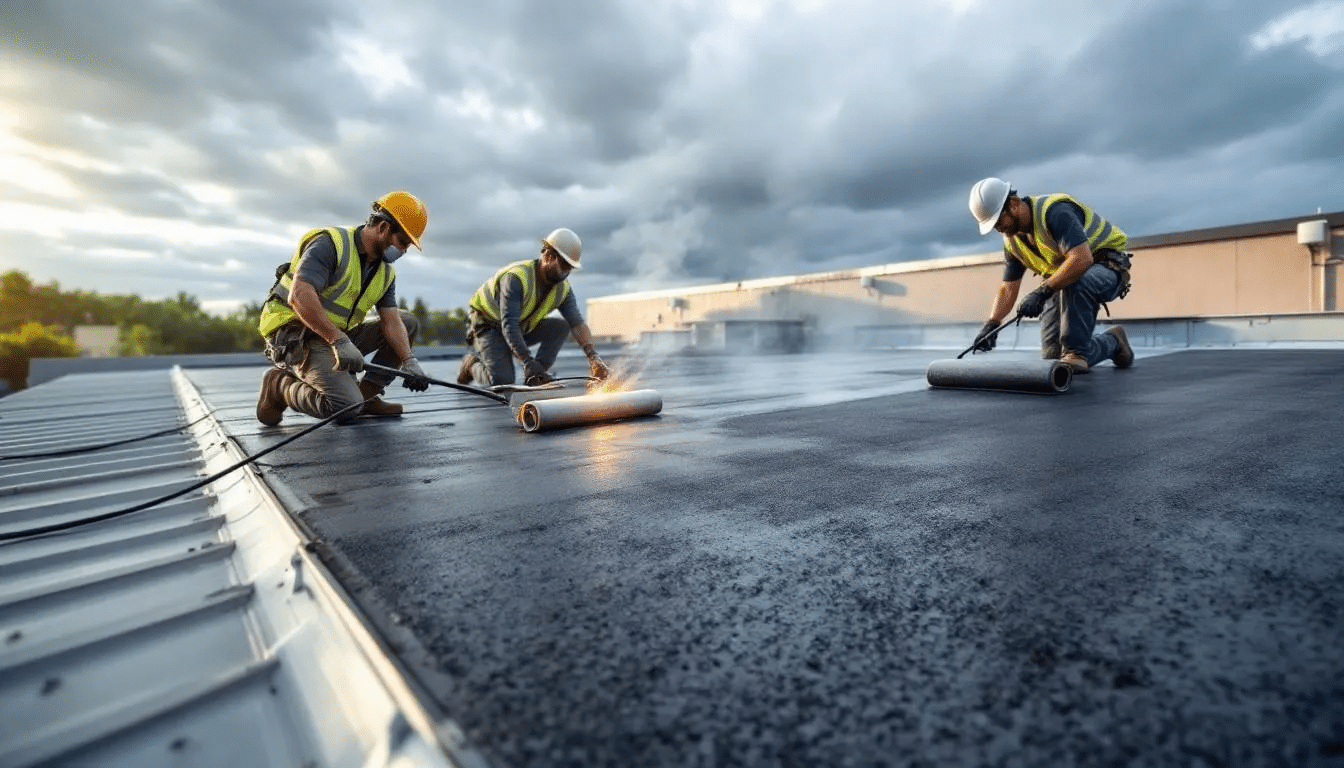 A professional roofing crew is seen installing a modified bitumen roofing system using the torch application method on a flat roof of a commercial building. This process highlights the benefits of modified bitumen, such as its excellent waterproofing capabilities and durability against harsh weather conditions.