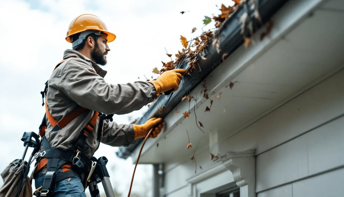 A homeowner is safely cleaning their gutters using debris removal tools to prevent clogged gutters and ensure proper drainage before fall storms arrive. This essential part of roof maintenance helps protect against potential water damage and costly repairs as the summer heat transitions into cooler months.