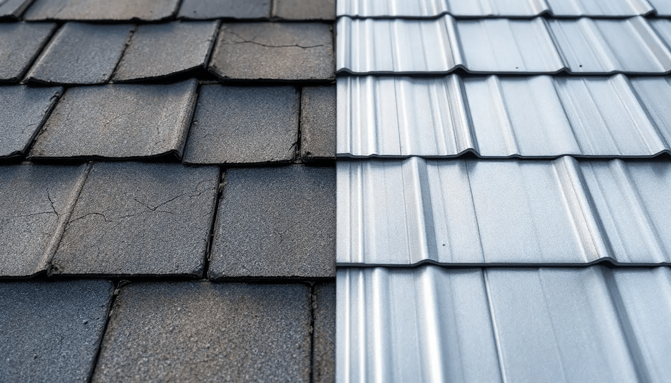 A close-up comparison showcases weathered asphalt shingles, displaying their aged texture and fading colors, alongside pristine metal roofing panels that shine with a smooth finish. This image highlights the contrast between traditional asphalt shingle roofs and modern metal roofing materials, emphasizing differences in durability and maintenance.