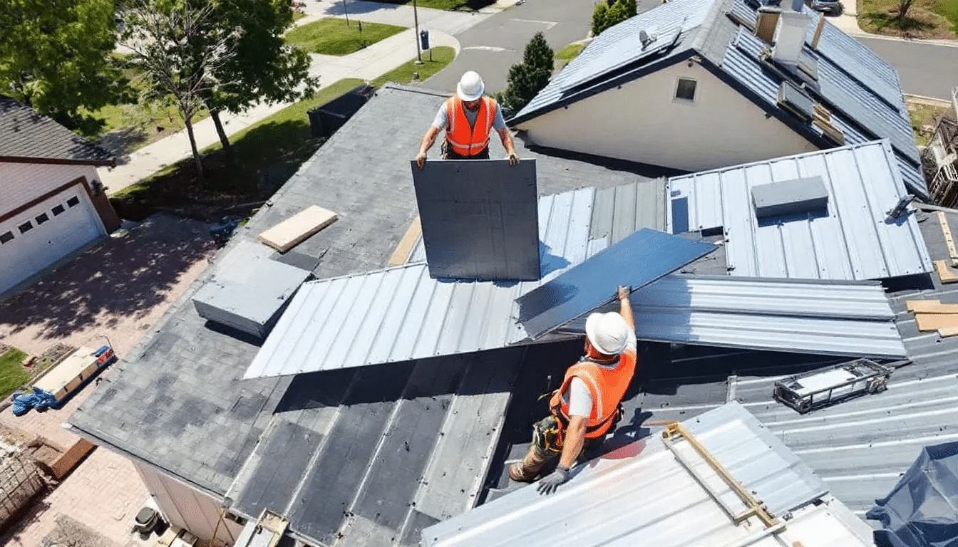 In the image, construction workers are actively installing metal roofing panels on a residential home, showcasing the use of metal roofing materials as an alternative to traditional asphalt shingles. The scene emphasizes the durability and energy efficiency of metal roofs, as the workers carefully position the panels against the backdrop of the house.