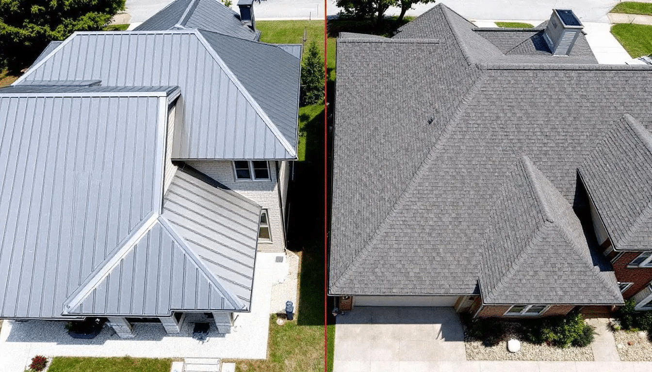 In the image, a modern home featuring a sleek metal roof stands next to a traditional house topped with asphalt shingles, showcasing the contrast between metal roofing materials and classic asphalt roofing options. This visual representation highlights the differences in style and practicality of metal roofs versus asphalt shingle roofs.
