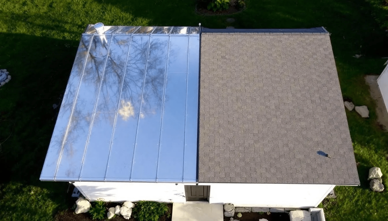The image depicts a house showcasing a direct comparison between a half metal roof and half asphalt shingle roof, illustrating the different roofing materials side by side. The metal roofing features a sleek, reflective surface, while the asphalt shingles display a textured, traditional appearance, highlighting the distinct characteristics and styles of metal roofs versus asphalt shingle roofs.