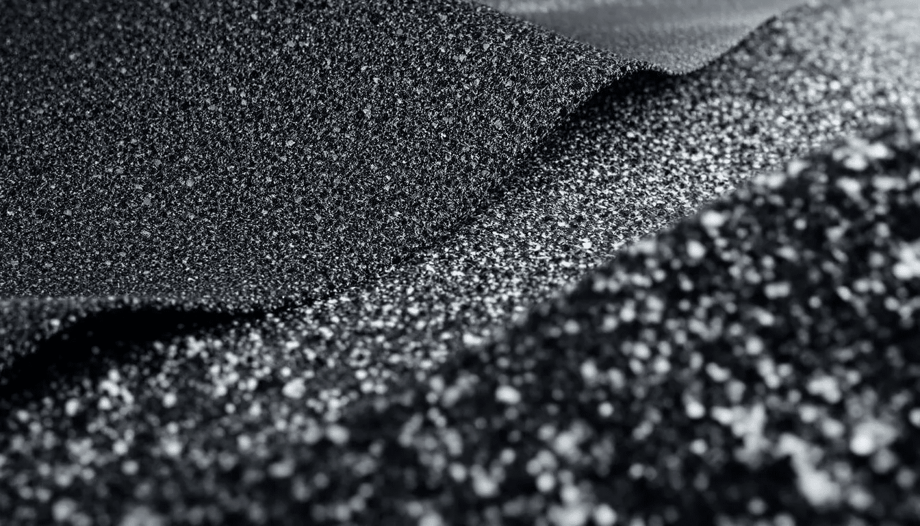 A close-up view of a flexible modified bitumen membrane highlights its elasticity, showcasing the material's ability to withstand harsh weather conditions. This modified bitumen roofing system is designed for commercial buildings, providing excellent waterproofing capabilities and durability for flat roofs.