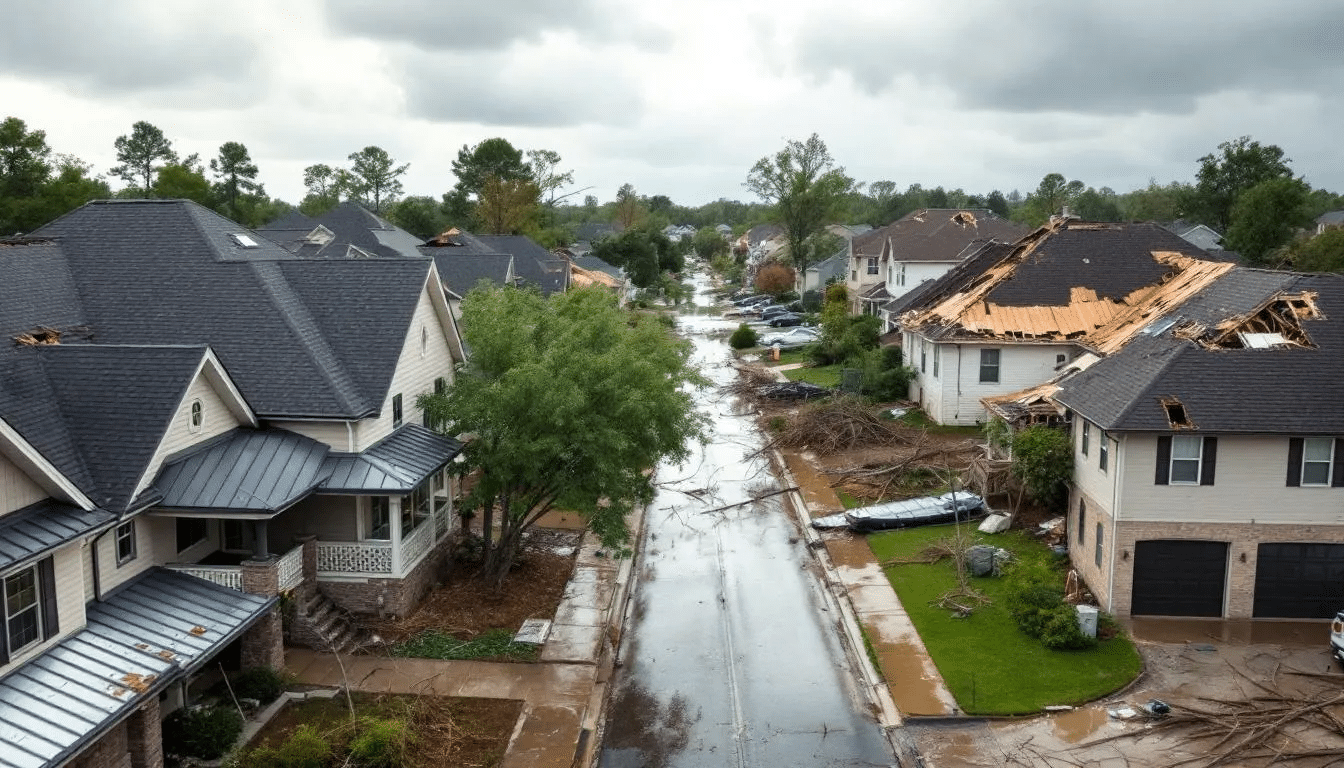In a residential neighborhood affected by severe weather, intact metal roofs stand out among the damaged asphalt shingle roofs, illustrating the durability of metal roofing materials against extreme weather conditions. The contrast highlights the benefits of metal roofs, such as minimal maintenance and energy efficiency, compared to traditional asphalt shingles.