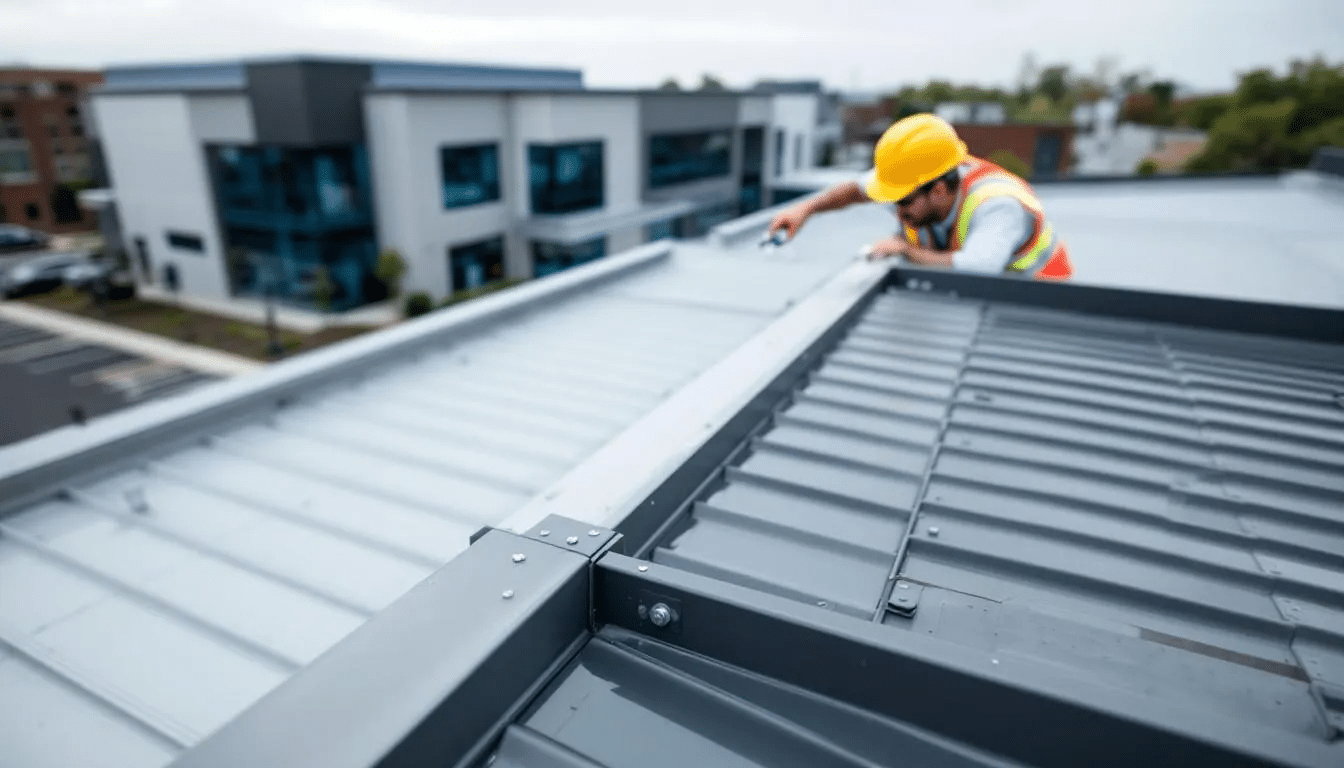 A professional roofer is closely examining the details of a metal roofing installation on a commercial building, focusing on the differences between standing seam metal roofs and exposed fastener metal roofing systems. The roofer is likely assessing the quality and installation of the metal panels to ensure durability and energy efficiency.