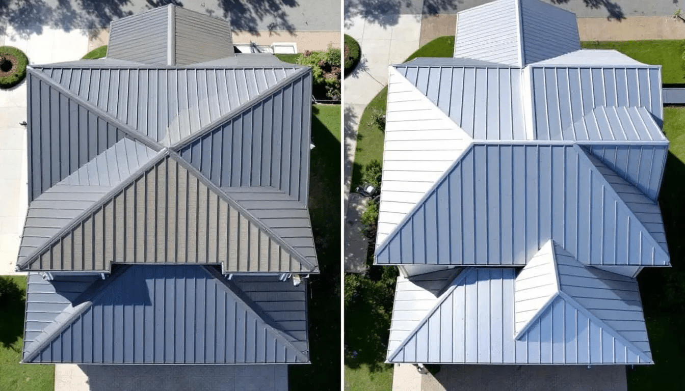 In this image, two houses stand side by side, each showcasing a different metal roofing system; one features a standing seam metal roof with raised seams and concealed fasteners, while the other has an exposed fastener metal roof with visible fasteners. This comparison highlights the distinct panel differences between standing seam panels and exposed fastener panels in metal roofing.
