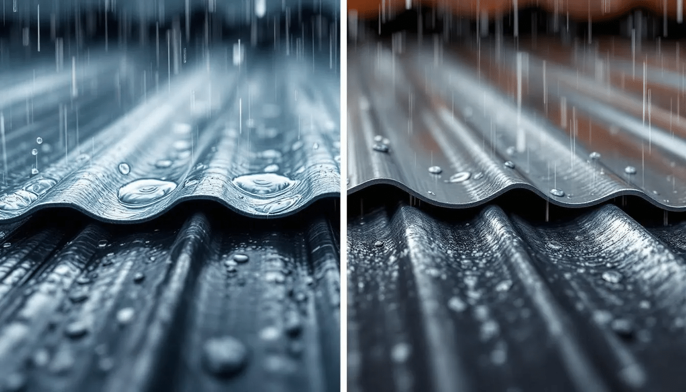 A close-up view showcases the differences between standing seam metal roofs and exposed fastener metal roofing during heavy rain, highlighting the raised seams of the standing seam panels and the visible fasteners of the exposed fastener panels. The image emphasizes the contrast in water drainage and potential maintenance needs for each roofing system.