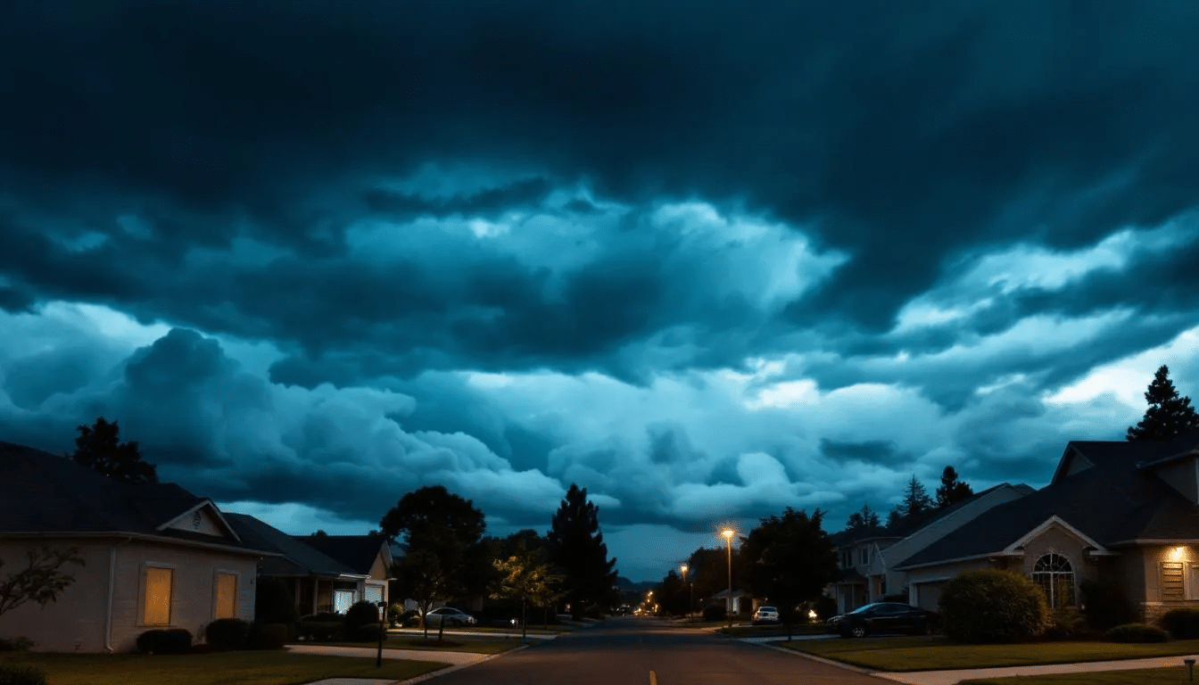 Storm clouds loom over a residential neighborhood, where homes are visibly prepared for impending fall storms, showcasing well-maintained roofs and clear gutters to prevent water backup. This scene highlights the importance of end of summer maintenance, including proper attic ventilation and roof inspections to ensure the structural integrity of each home as the cooler months approach.