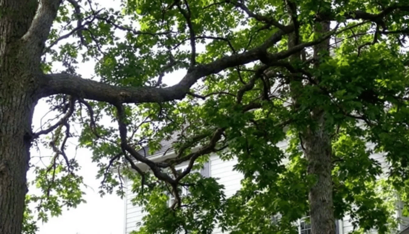 In the image, tree branches loom perilously close to a residential roof, highlighting the urgent need for trimming to prevent potential roof damage. This scenario underscores the importance of maintaining a roof's health, especially as the end of summer approaches and homeowners prepare for fall storms.