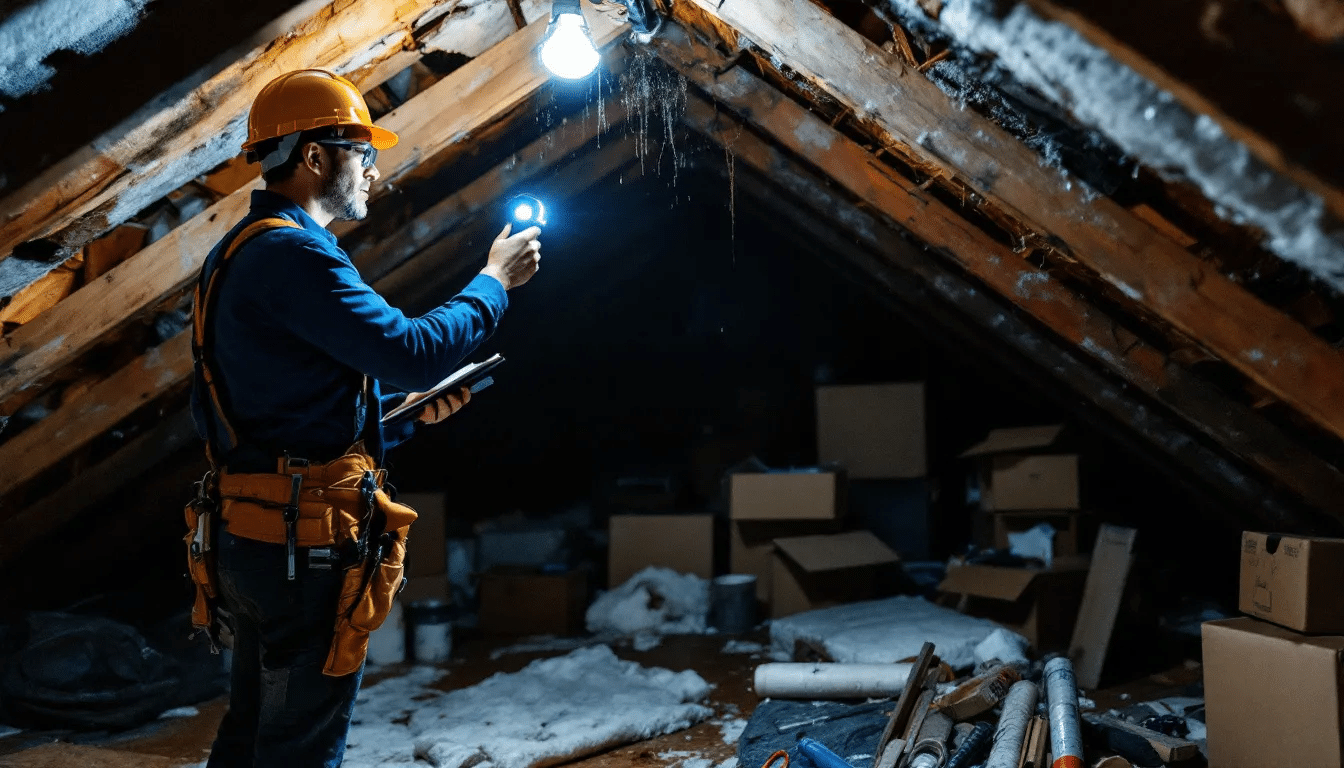 A professional roofing contractor is inspecting an attic space with a flashlight, revealing water damage on the roof's structure, which may indicate roof leaks or issues with missing or damaged shingles. This thorough inspection is crucial for identifying potential problems and ensuring the integrity of the roofing system.