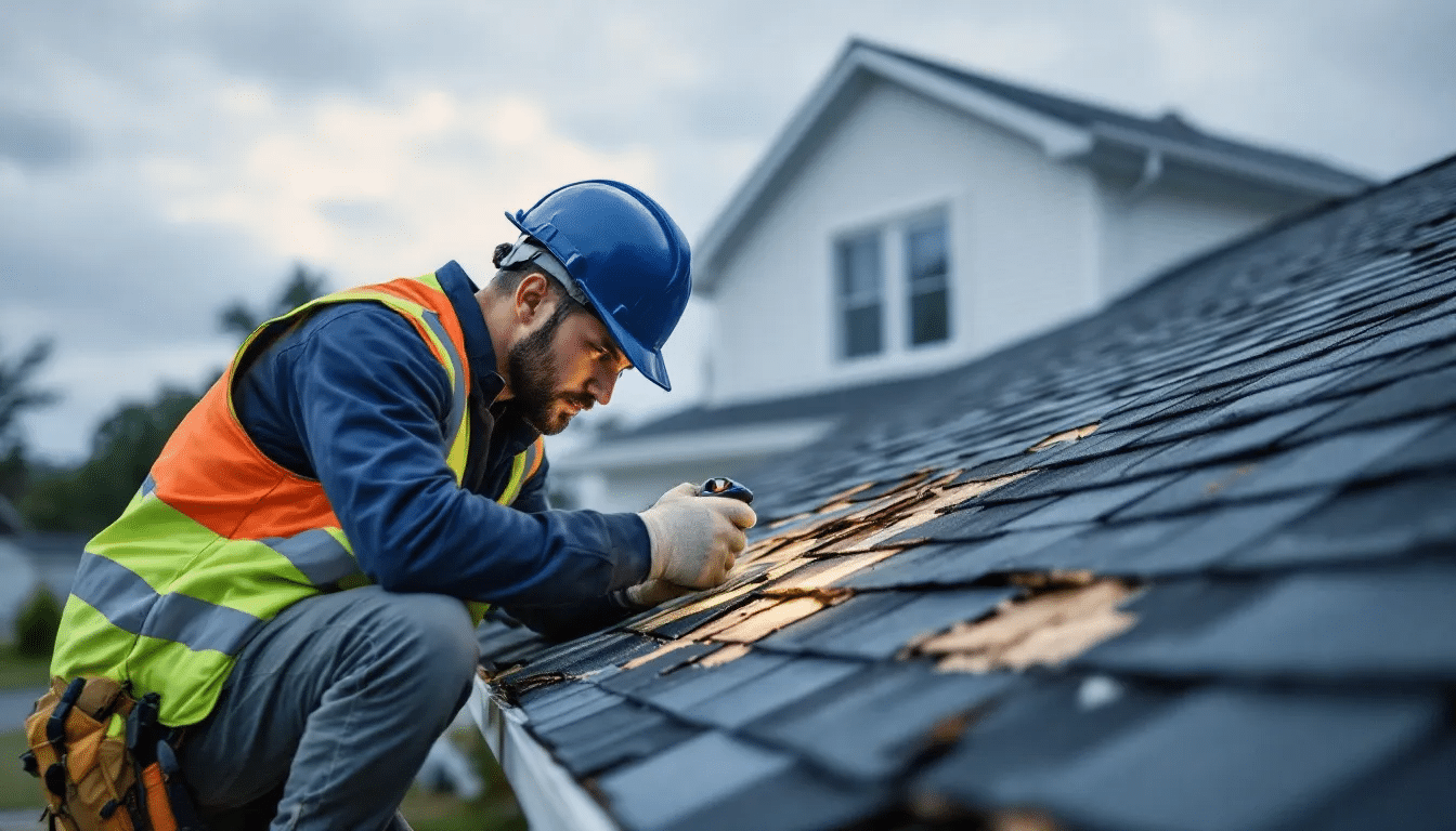 A professional roofer is inspecting damaged shingles on a residential roof, assessing the roof's condition for potential emergency repairs or a full roof replacement. The roofer is focused on identifying missing or damaged shingles that could lead to costly repairs and further damage if not addressed promptly.