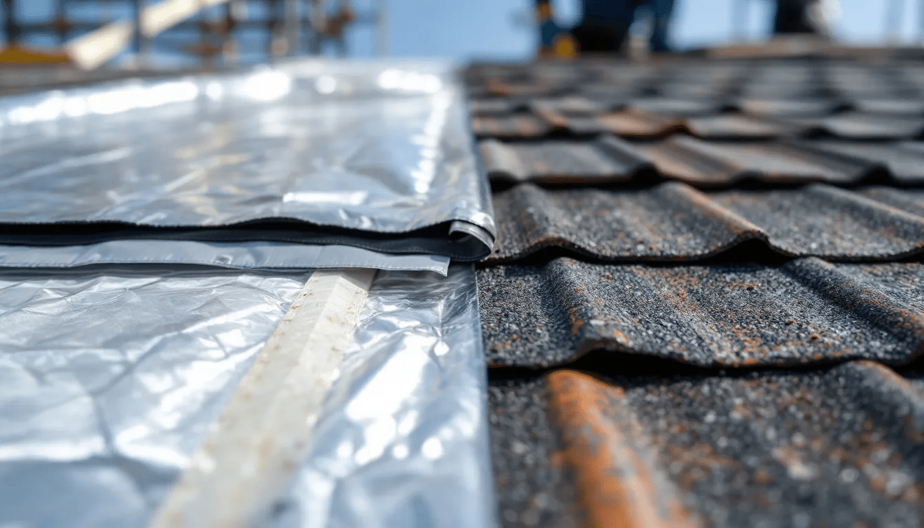 The image shows a close-up comparison of temporary patch materials, like roofing cement and tar, next to permanent roofing materials such as asphalt shingles and tiles. This visual highlights the differences between emergency roof repairs and full roof replacements, emphasizing the importance of choosing the right materials for long-term roof integrity and preventing further damage.