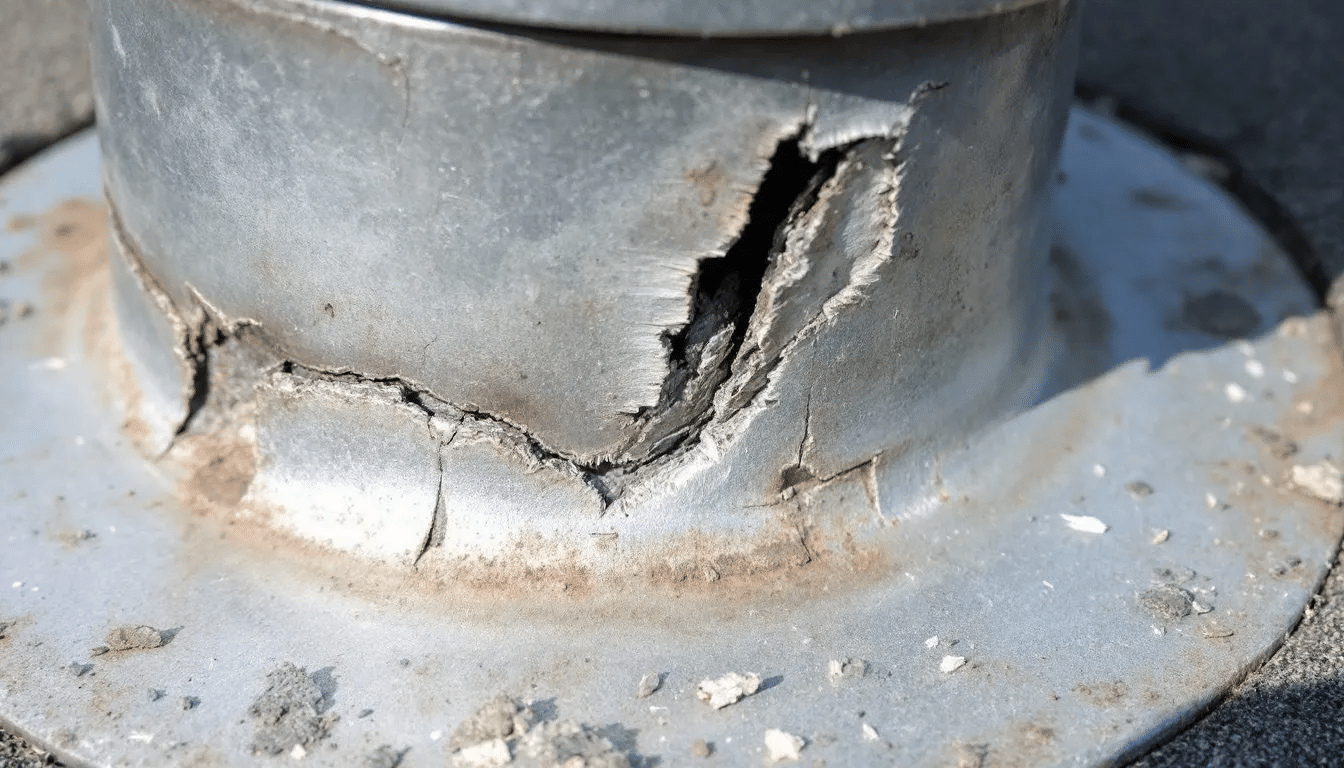 A close-up view of a damaged roof vent boot reveals visible cracks and separation, indicating potential roof leaks and the need for professional roofing contractor intervention. This damage may lead to costly repairs if left unaddressed, highlighting the importance of regular roof maintenance and thorough inspections.