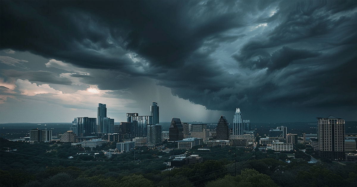 The image depicts dark storm clouds hovering over residential rooftops in Texas, with small hailstones falling and impacting the roofs. This scene highlights the potential for hail damage, prompting homeowners to consider hail damage roof repair and the importance of regular roof inspections to protect their home's structural integrity.