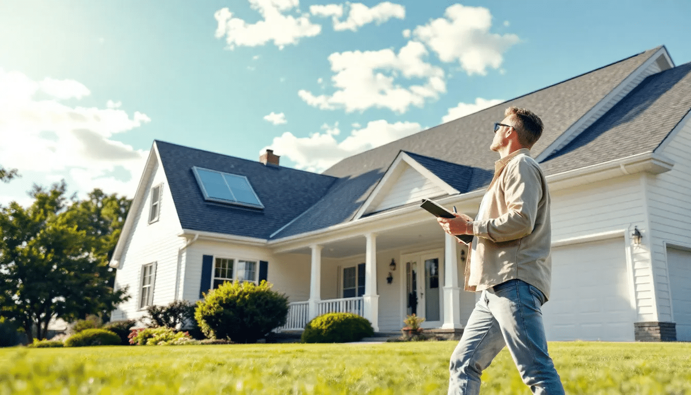 A homeowner is standing on the ground, looking up at their roof to conduct a visual inspection for potential roof leaks. This proactive approach helps identify minor roof leaks or missing shingles, which, if left unchecked, could lead to costly repairs and extensive structural damage.