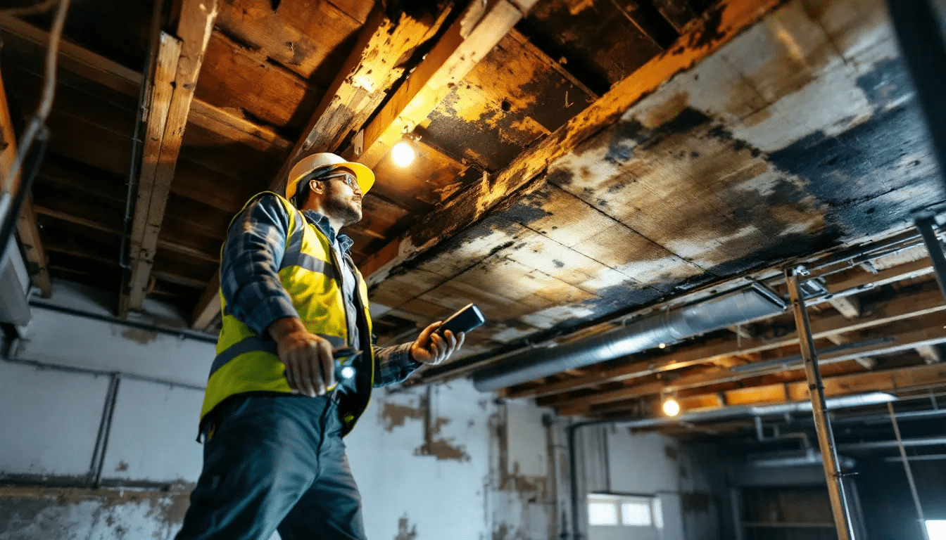 A professional contractor is inspecting water-damaged roof decking, looking for signs of roof leaks and structural damage. The image highlights the importance of timely repairs to prevent costly repairs and extensive damage from even minor roof leaks.