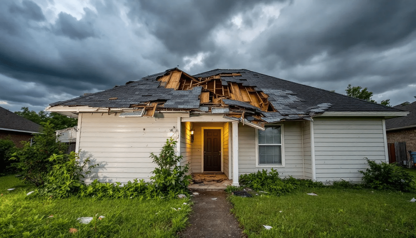 An image of a Texas home shows significant storm damage, with missing shingles exposing the roof deck underneath. This situation highlights the importance of a thorough roof inspection and the need for professional roofing contractors to address potential roofing issues and prevent future leaks.