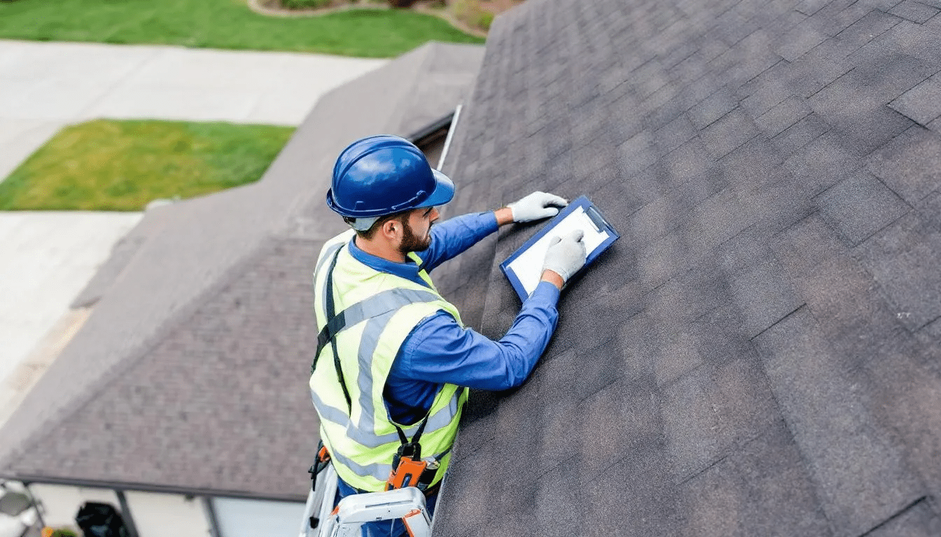 A professional roofer is inspecting asphalt shingles during a roof warranty evaluation, ensuring that the roofing materials are installed correctly to maintain the roof's integrity and avoid voiding the warranty. The roofer checks for common mistakes, such as improper installation or inadequate attic ventilation, that could lead to unexpected repair costs.