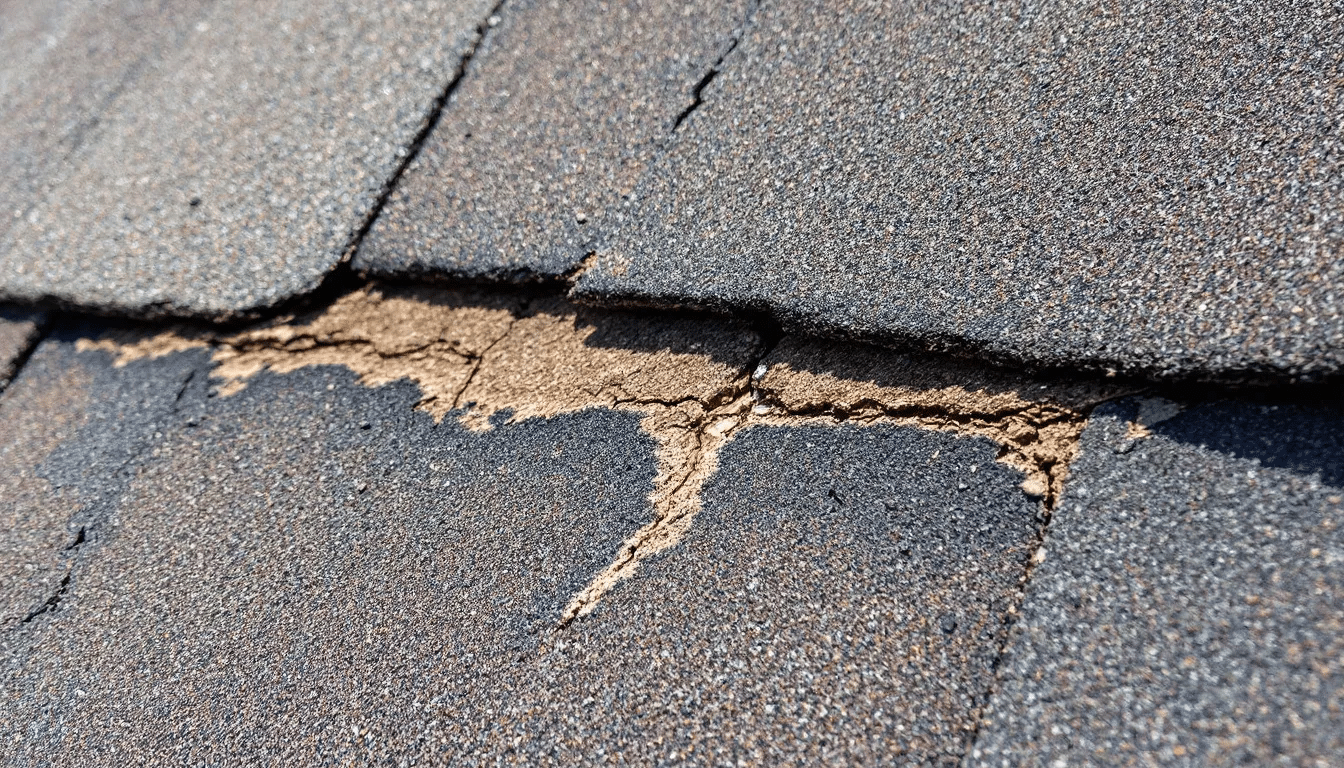 The image shows a close-up view of damaged roof shingles, highlighting granule loss and visible cracking, indicating potential issues with roofing materials. Understanding roofing warranties is essential for Texas homeowners to ensure proper coverage for repairs related to material defects or improper installation.