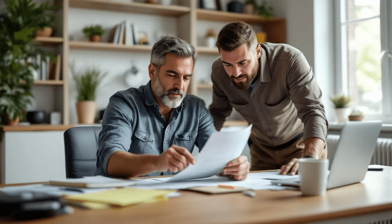 The image shows a homeowner sitting at a table, reviewing warranty documentation with a certified contractor, discussing important aspects of the roof warranty, including coverage details and manufacturer certifications. This interaction emphasizes the importance of proper installation and the assurance of warranty protection for the roofing system.