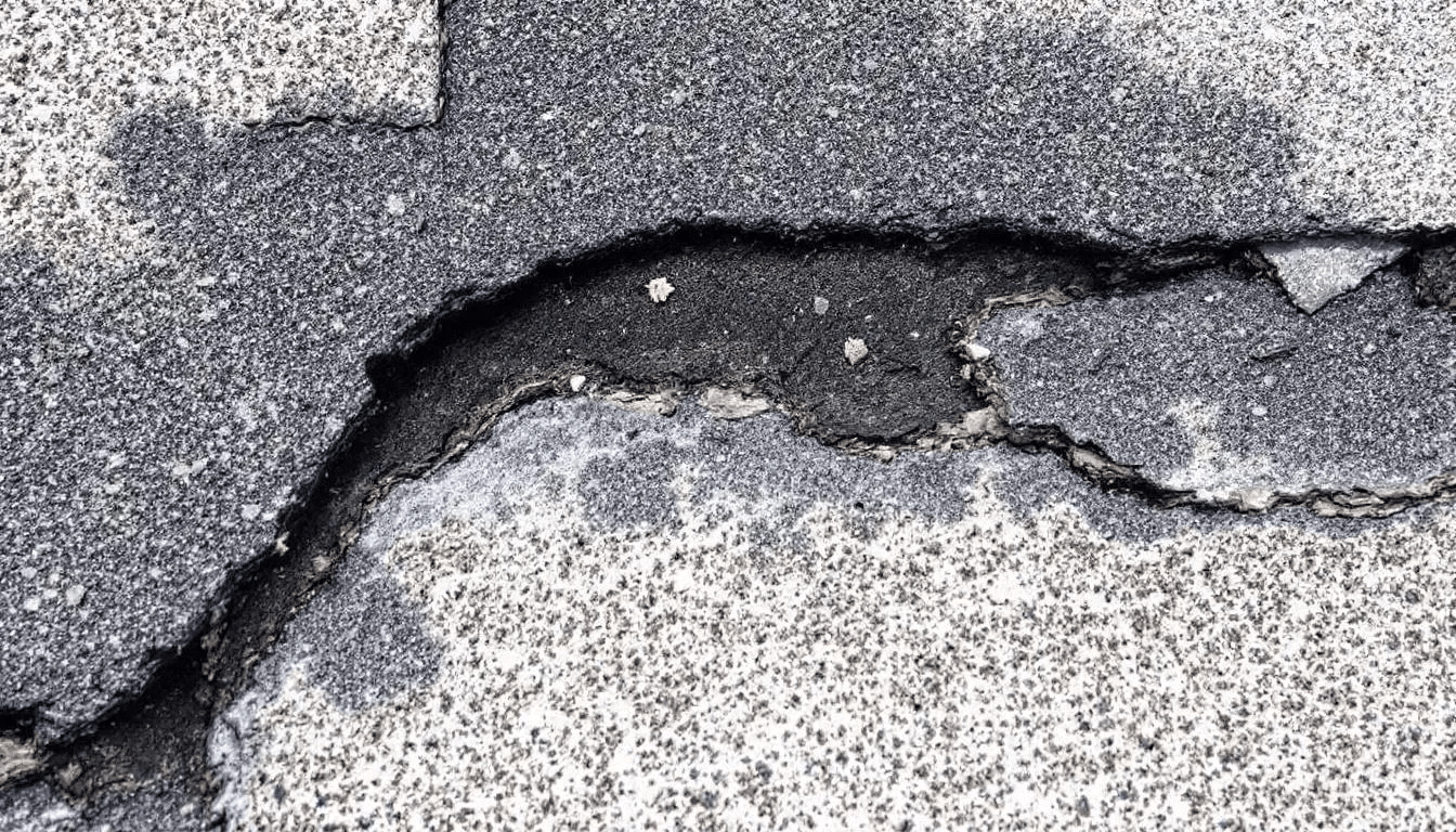 The image depicts a damaged roof with extensive granule loss and deterioration on budget asphalt shingles, highlighting the consequences of using low-quality roofing materials and improper installation. This condition can lead to costly repairs, structural damage, and a significantly shortened roof lifespan if not addressed promptly.