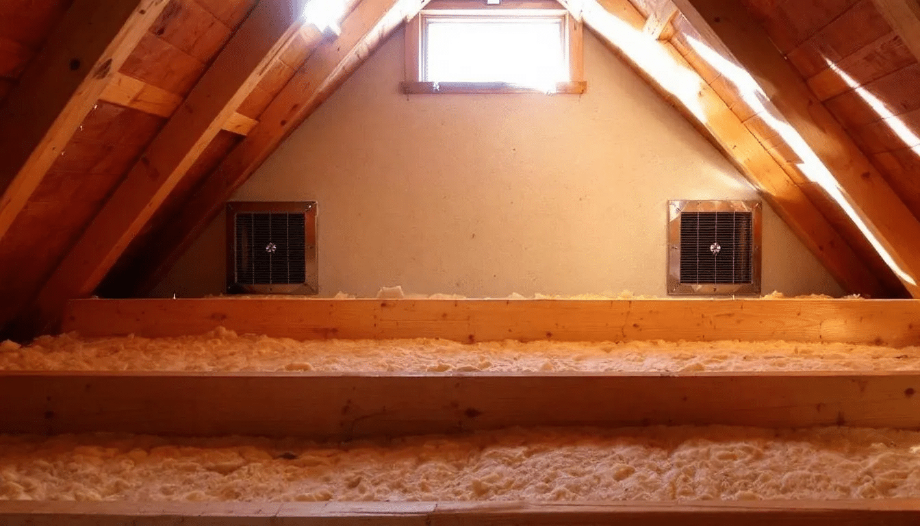 The image depicts an attic space showcasing a well-designed ventilation system with both intake and exhaust vents, emphasizing the importance of proper attic ventilation for maintaining a roof's lifespan. Adequate ventilation helps prevent issues like mold growth and premature roof failure, ensuring the roof's integrity and longevity.