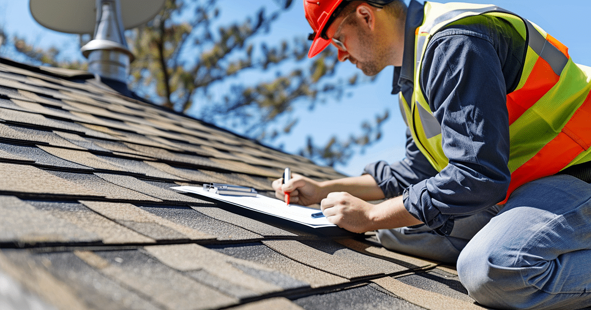 Roof inspector wearing safety gear examines asphalt shingles on a Texas home during a professional roof warranty inspection. The image highlights the inspection and evaluation process required for warranty claims, showing documentation, assessment, and contractor involvement to determine roof repair coverage under manufacturer or workmanship warranties.