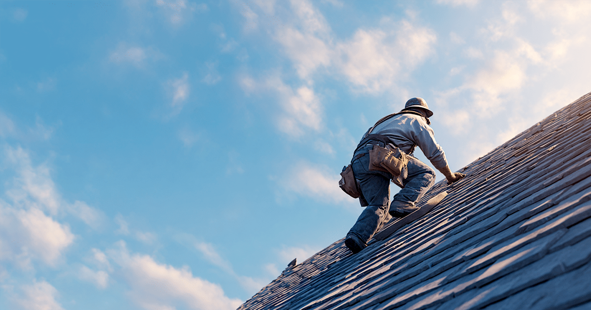 The image shows a construction worker on a roof without proper safety equipment, highlighting the risks associated with roofing projects. This scenario emphasizes the importance of hiring a reputable roofing contractor to avoid costly repairs and ensure quality roofing services.