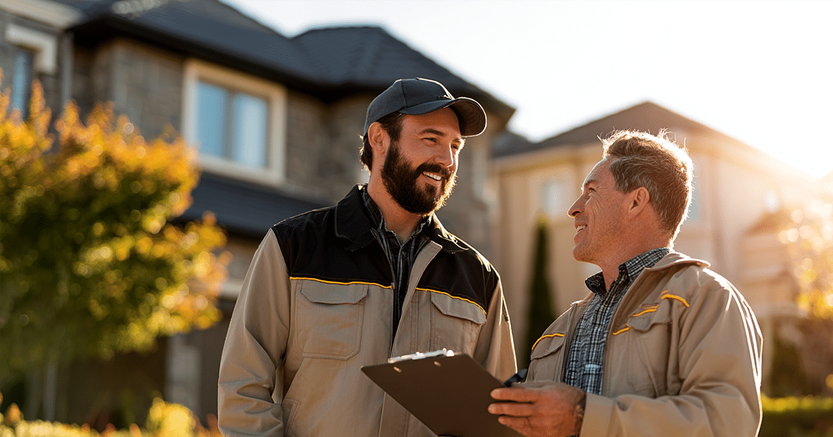 A professional roofing contractor is seen discussing plans with a homeowner, highlighting the importance of choosing a reputable roofing company for quality roofing services. The conversation likely covers roofing estimates and the hidden costs associated with low bids, emphasizing the need for high-quality materials to avoid costly repairs in the future.