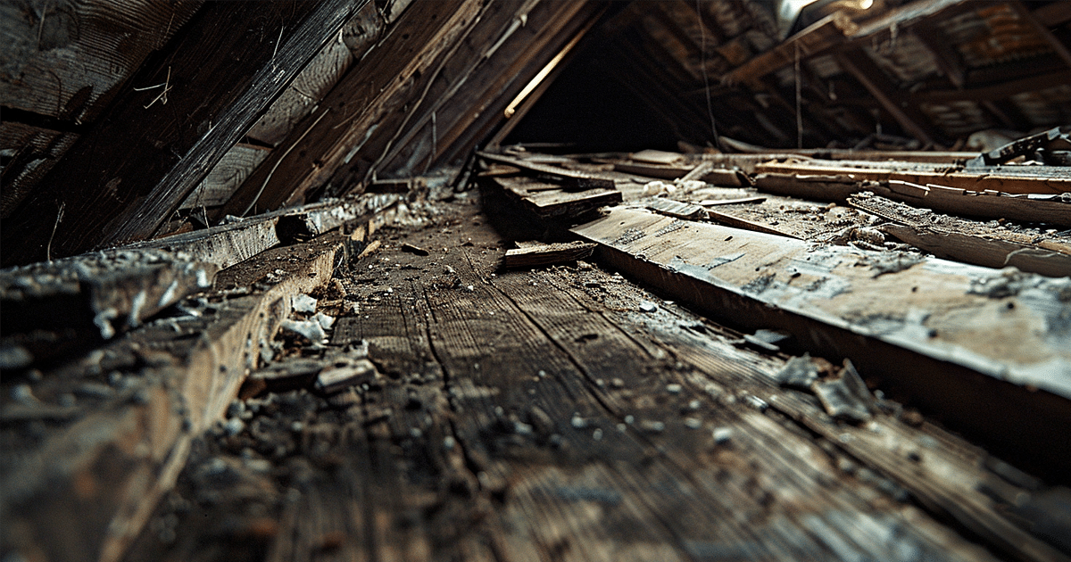 The image depicts severe water damage in an attic, showcasing rotted roof decking and compromised structural supports due to long-term moisture infiltration. This highlights the importance of using quality materials and proper installation to prevent costly repairs and ensure a long-lasting roof.