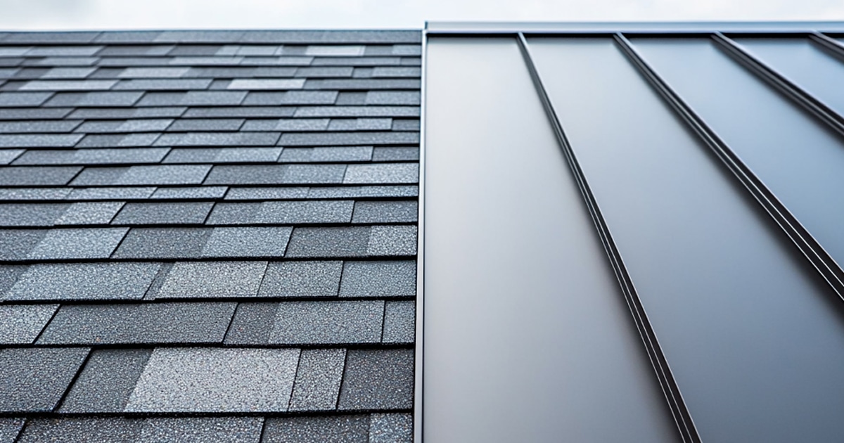 The image illustrates a side-by-side comparison of damaged cheap roofing materials, such as low-quality shingles and signs of poor installation, versus high-quality roofing materials that are well-installed, showcasing the importance of choosing a reputable roofing contractor for long-term performance and peace of mind. This visual emphasizes the hidden costs associated with opting for the lowest bid and the potential for costly repairs due to subpar materials.