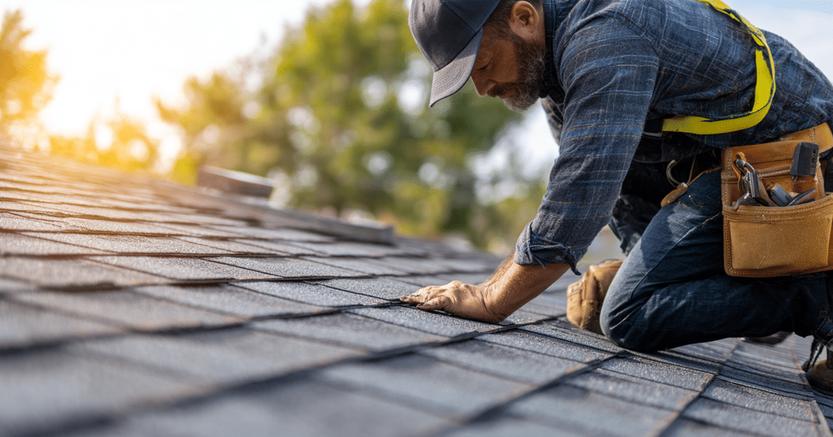 A professional roofer is installing high-quality asphalt shingles on a residential home, ensuring proper workmanship and the use of premium roofing materials. This installation represents a long-term investment in quality roofing services, offering homeowners peace of mind and reducing the risk of costly repairs associated with low-quality materials and poor installation.