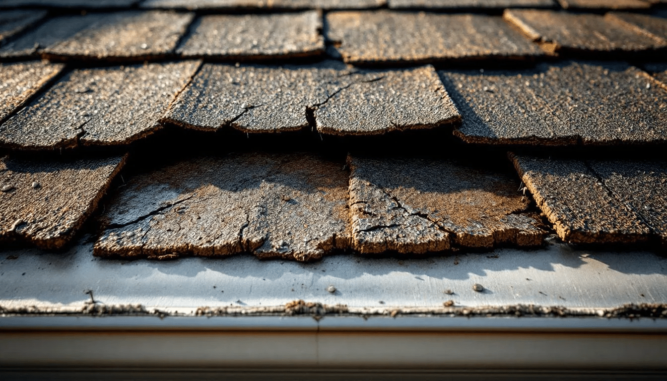 The image shows a close-up view of damaged and missing asphalt shingles on a roof, exposing the underlayment beneath. This condition highlights the importance of regular roof maintenance to avoid serious roof damage and costly repairs, as well as to extend the life of your roof.