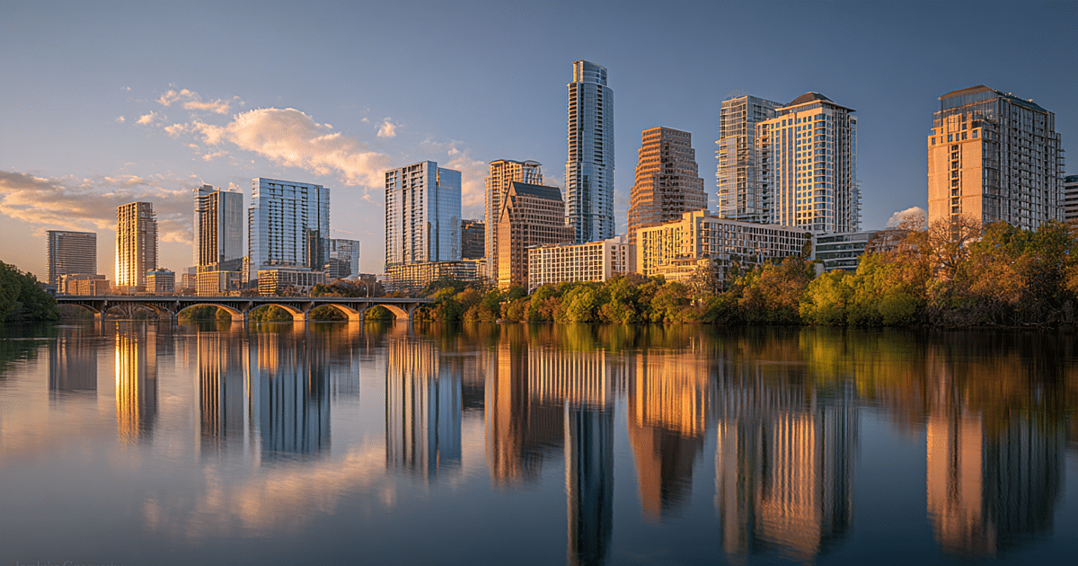 The image depicts the Austin skyline under an intense sun, with heat waves visibly shimmering above the city. The harsh Texas climate can accelerate the aging of roofs, highlighting the importance of using durable roofing materials like metal roofing and clay tiles to withstand extreme heat and maintain a roof's lifespan.