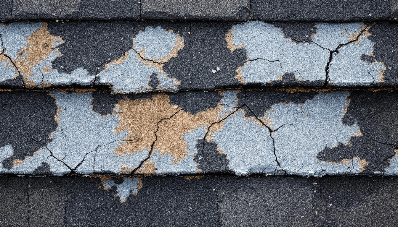 The image shows a close-up view of weathered asphalt shingles, highlighting granule loss and heat damage that are common in Central Texas due to harsh weather conditions. This deterioration is an early warning sign of potential roof damage, emphasizing the importance of regular inspections and proper maintenance to extend the roof's lifespan.