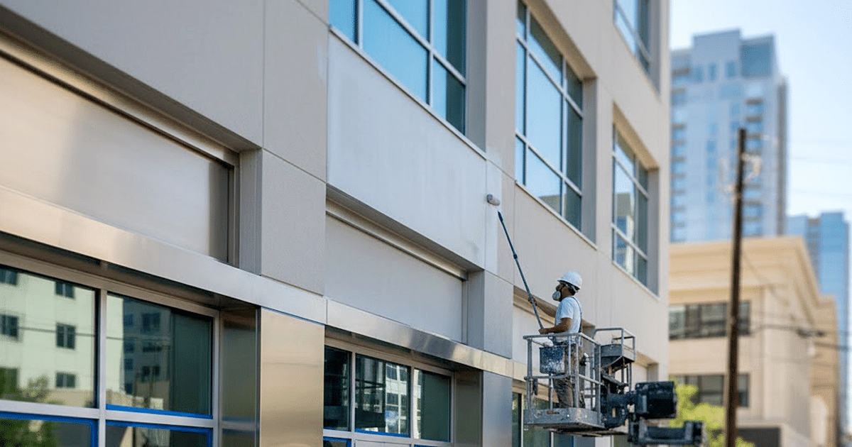 Commercial painter on a lift applying fresh exterior paint to a modern commercial building in Austin, TX, demonstrating professional commercial painting services.