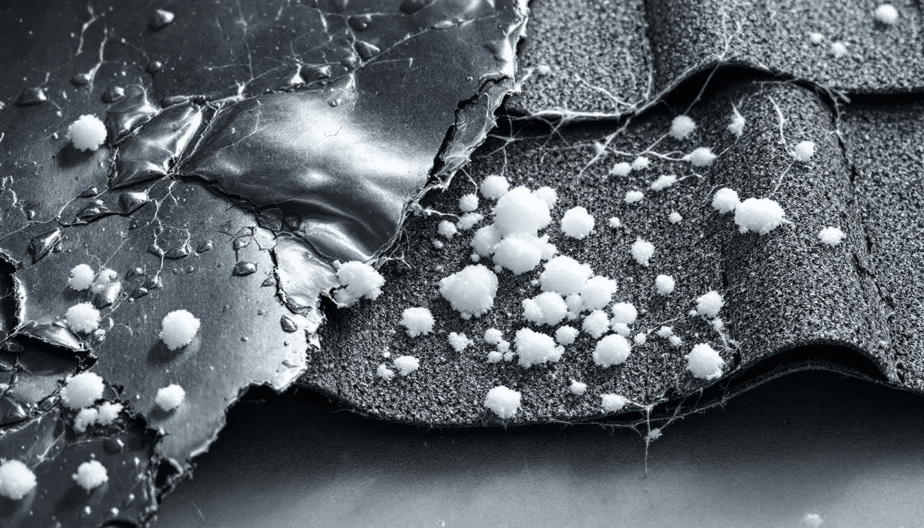 The image shows a close-up view of hail damage on various roofing materials, including asphalt shingles and metal roofs, highlighting dents, cracks, and missing granules. This damage, caused by the intense heat and frequent storms in the Austin climate, can significantly affect the roof's lifespan and may require attention from a roofing contractor for proper maintenance and potential roof replacement.