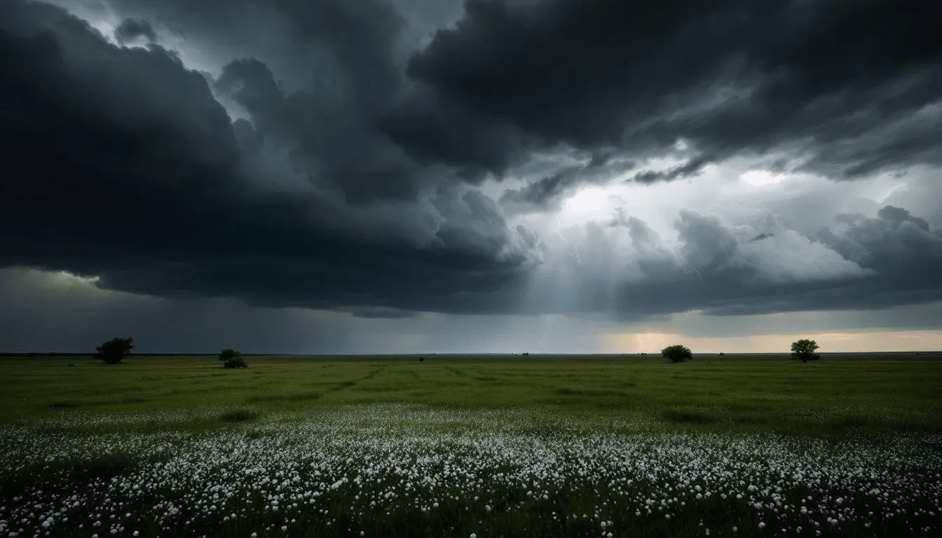 A dramatic scene of dark storm clouds looms over the Central Texas landscape, with visible hail falling in the distance, indicating severe weather conditions that can affect roofing materials. Homeowners in Texas should be aware of factors affecting roof longevity, especially during storms, to ensure their roofs withstand harsh weather and maintain their expected lifespan.