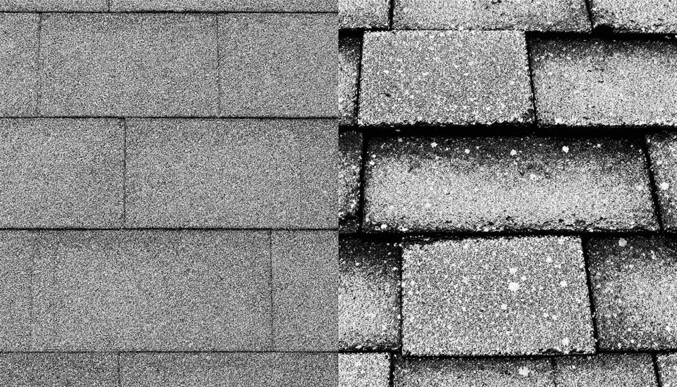 The image shows a close-up view of hail damage on different types of shingles, with intact architectural shingles demonstrating their superior protection next to damaged traditional 3-tab shingles. This comparison highlights the impact resistance and enhanced durability of architectural shingles, especially in extreme weather conditions.