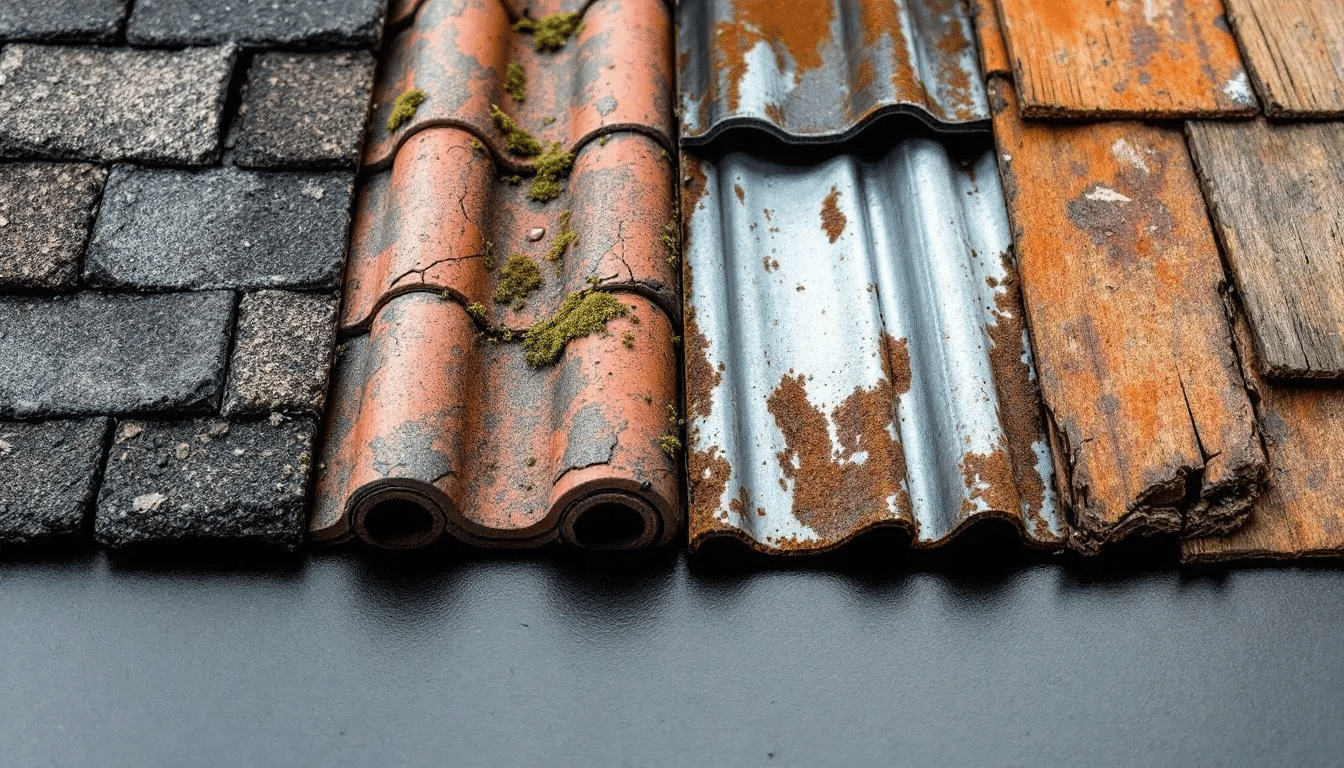 The image showcases a side-by-side comparison of various roofing materials, including asphalt shingles, metal roofs, and clay tiles, highlighting their differing levels of weathering and aging due to factors like central Texas's intense sun and extreme heat. Visible signs of wear and tear, such as buckling shingles and a sagging roof deck, illustrate the impact of the local climate on the roof's lifespan and the importance of proper maintenance and regular inspections.