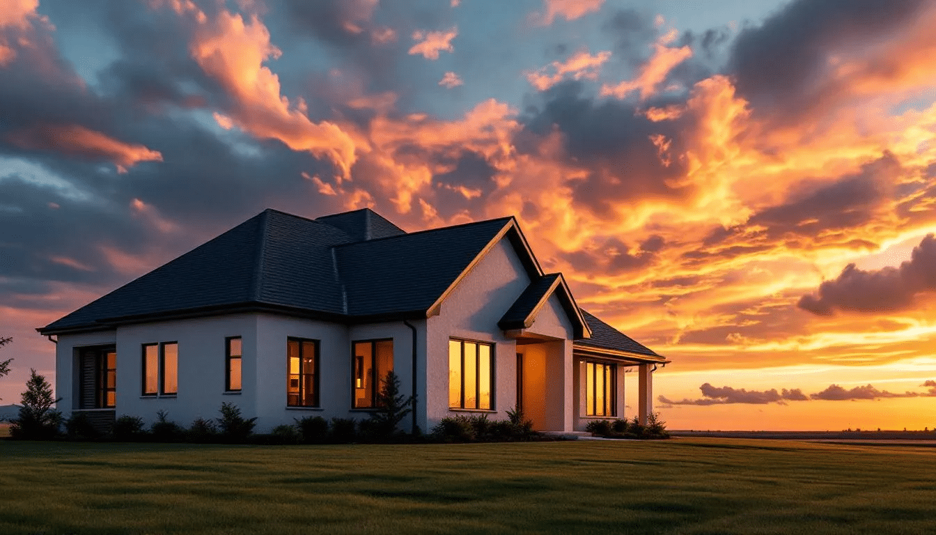 A Texas home with a new roof featuring architectural shingles stands against a dramatic sky, highlighting the home's curb appeal and durability. These dimensional shingles are designed to withstand harsh weather conditions, providing exceptional weather resistance and enhancing the overall aesthetics of the residential roof.