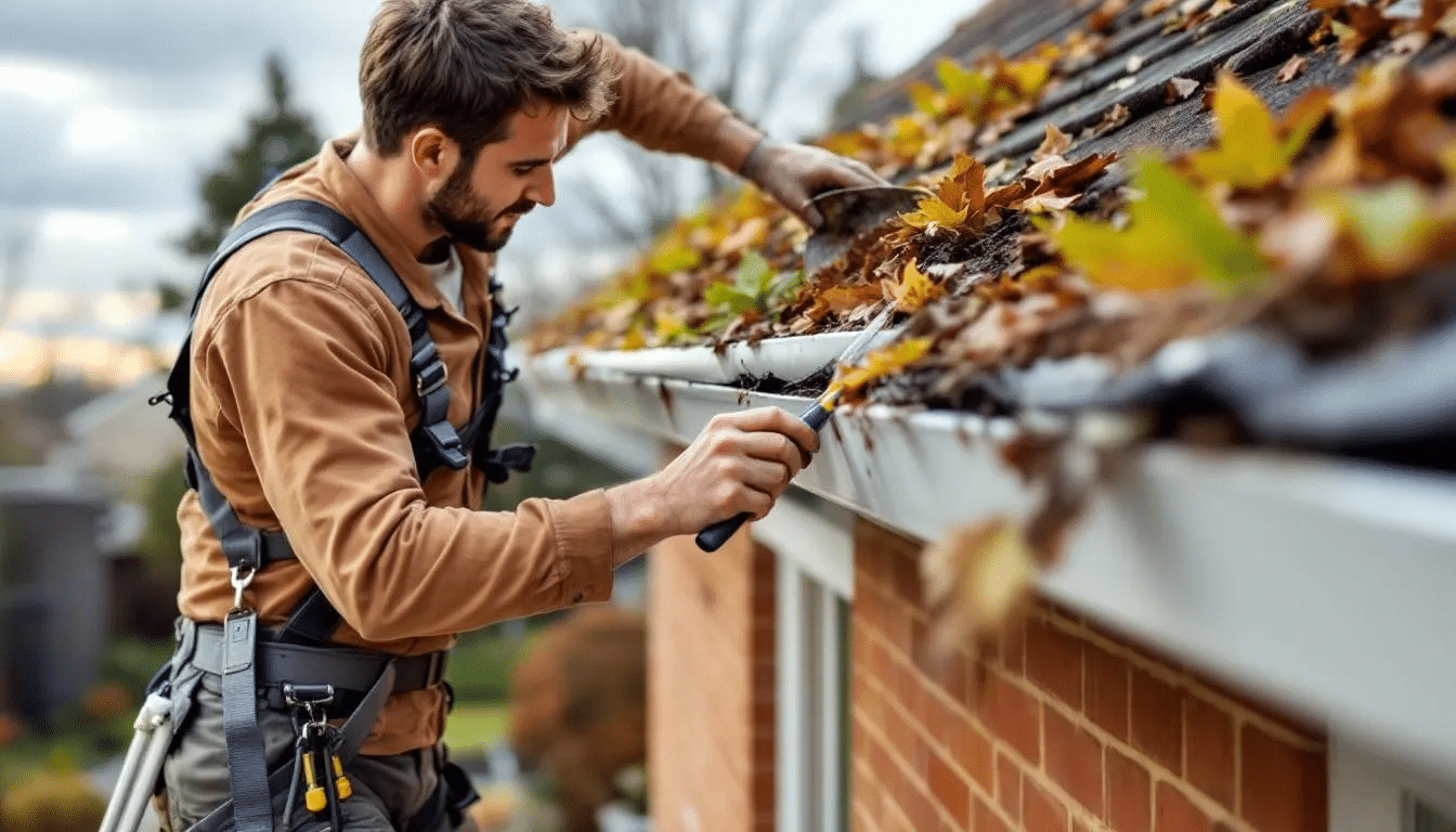 A homeowner is safely cleaning gutters filled with spring debris and leaves, ensuring proper drainage to avoid costly repairs and roof damage. Regular gutter maintenance is essential for extending the life of your roof and maintaining its structural integrity.