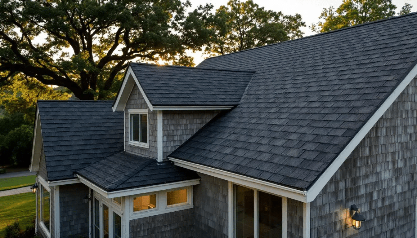 The image showcases a suburban home featuring a new asphalt shingle roof made of premium architectural shingles, highlighting its dimensional texture and significantly enhancing the home's curb appeal. This stylish roofing option not only adds aesthetic value but also contributes to improved energy efficiency and can boost the overall home value.