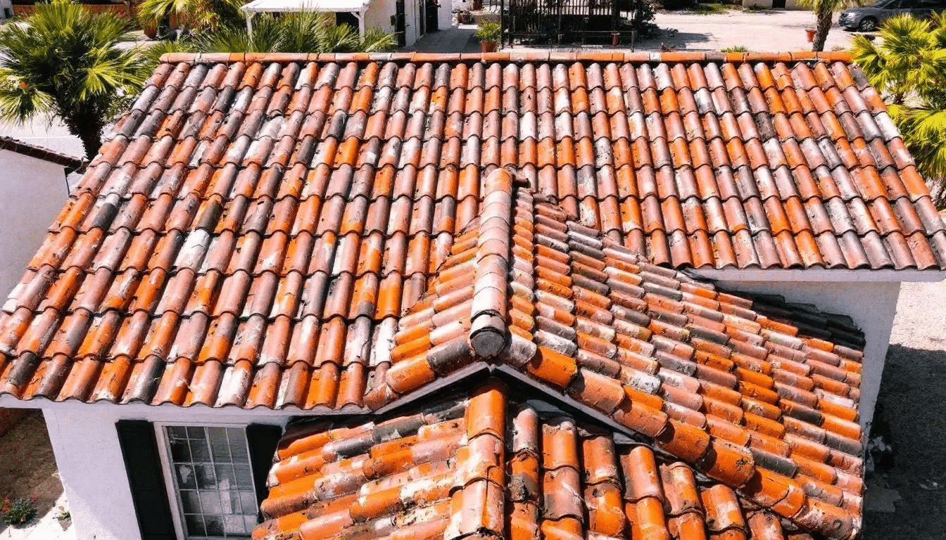 The image depicts a traditional clay tile roof on a Central Texas home, showcasing the distinctive barrel tile pattern and signs of natural weathering. This roofing material is known for its durability and can significantly impact the roof's lifespan in Texas, especially when properly maintained to withstand the local climate and severe weather conditions.
