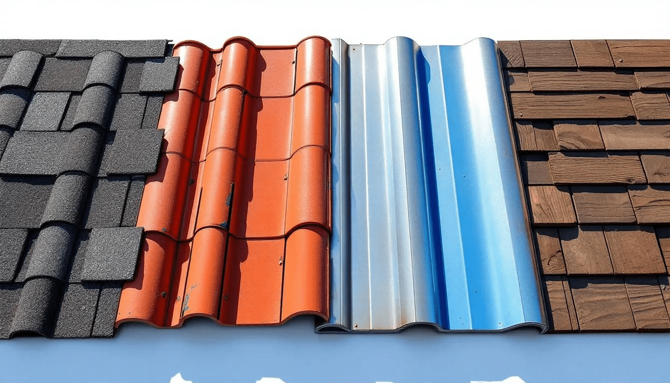The image showcases a variety of roofing materials, including asphalt shingles, metal roofs, and clay tiles, displayed side by side under the bright Central Texas sun. Each material features distinct textures and colors, highlighting their aesthetic appeal and durability, which are important factors affecting roof longevity in the region.