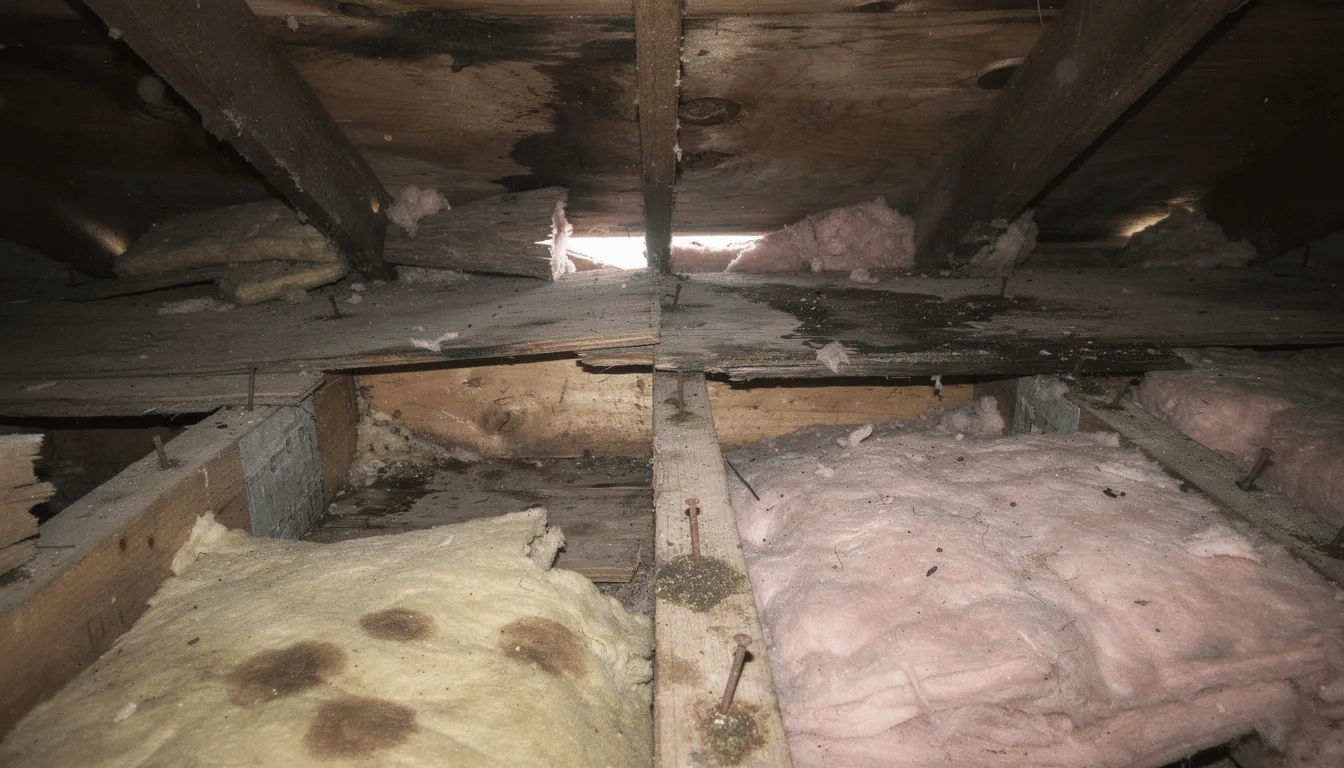 The image depicts significant water damage in an attic, showcasing rotted roof decking and stained insulation, highlighting the importance of a proper roofing system and effective roof underlayment to prevent moisture issues. The damage suggests potential structural integrity concerns that could lead to costly repairs if not addressed promptly.