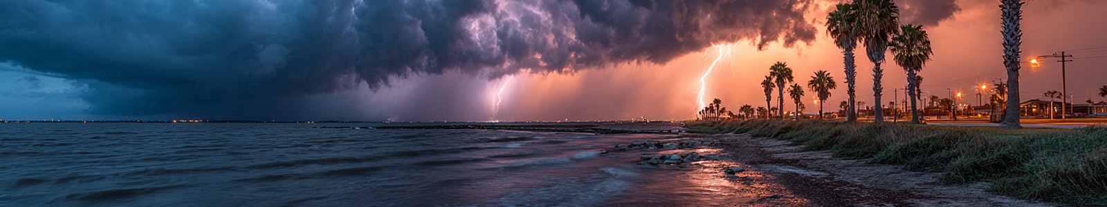 Texas coastal storm building over Corpus Christi with high winds and heavy clouds that can stress and damage residential roofs.