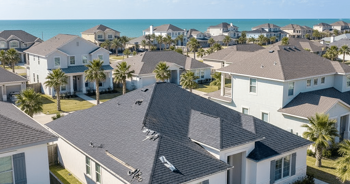 Drone view of a recently repaired residential roof in Corpus Christi, Texas, showing clean shingles and coastal home details.