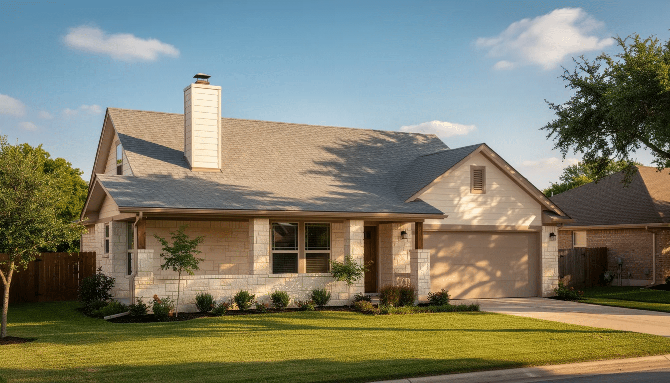 The image depicts a residential home in Austin, Texas, showcasing a newly installed roof under a clear, sunny sky. The new roof, likely made of asphalt shingles or metal roofing, symbolizes a successful roof replacement project, reflecting the importance of high-quality roofing services for Austin homeowners.